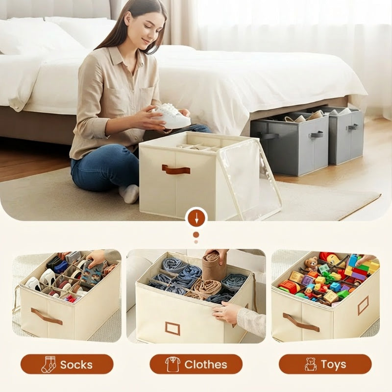 Fabric Shoe Organizer Storage Box Foldable Design, Large Capacity, Dustproof & Breathable, Space Saving For Closet & Bedroom