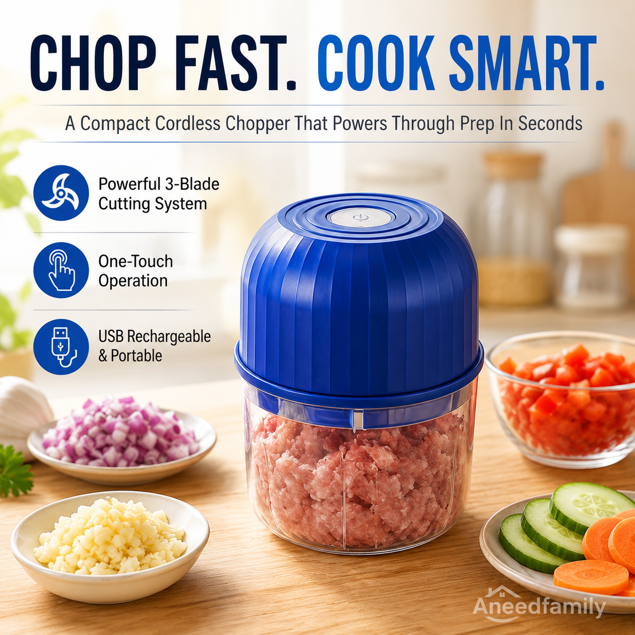 Wireless Efficient Electric Mini Food Chopper Robust Motor, Smart Design & Stainless Steel Blades