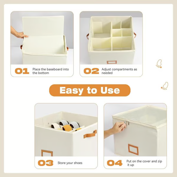 Fabric Shoe Organizer Storage Box Foldable Design, Large Capacity, Dustproof & Breathable, Space Saving For Closet & Bedroom
